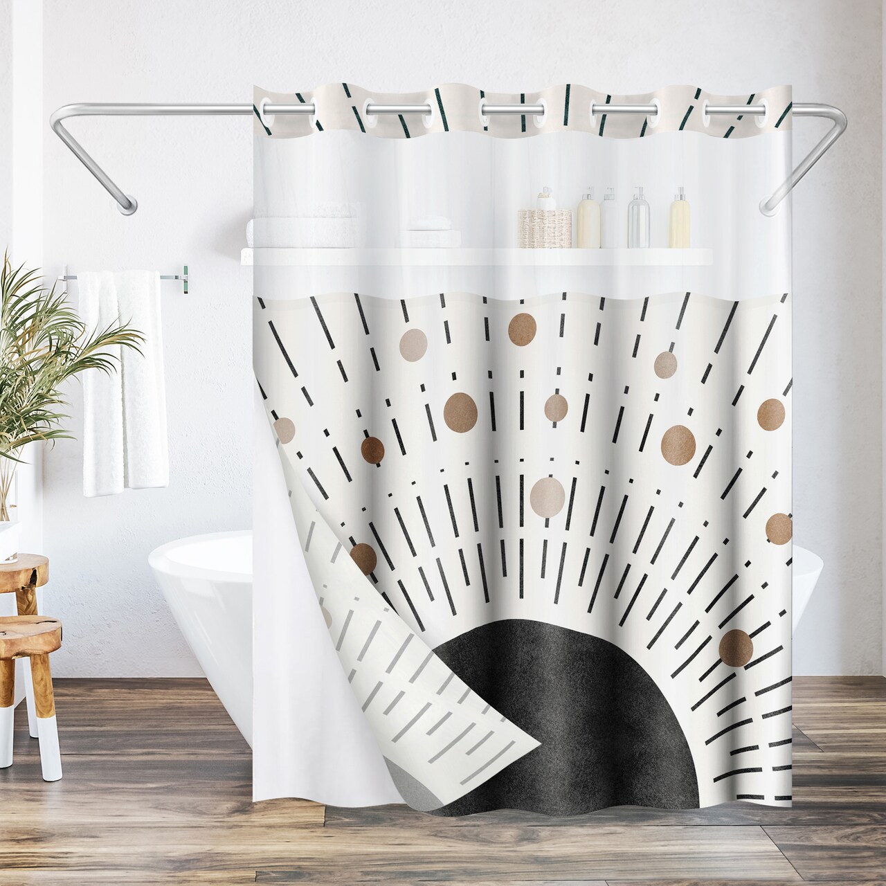 Americanflat 72x75 Hookless Shower Curtain - Abstract Black Bronze Shower Curtain with Sheer Panel, Snap-In Liner, and Grommets - 100% Polyester